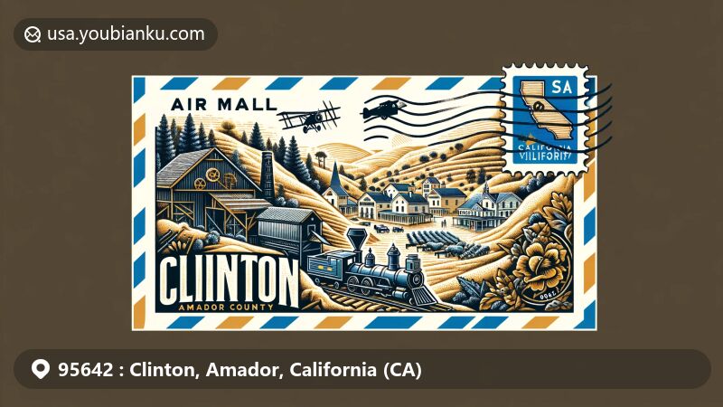 Modern illustration of Clinton, Amador County, California, embodying postal theme for ZIP code 95642, depicting historical mining era, landmarks like Preston Castle, Knight Foundry, and scenic Amador County landscapes.