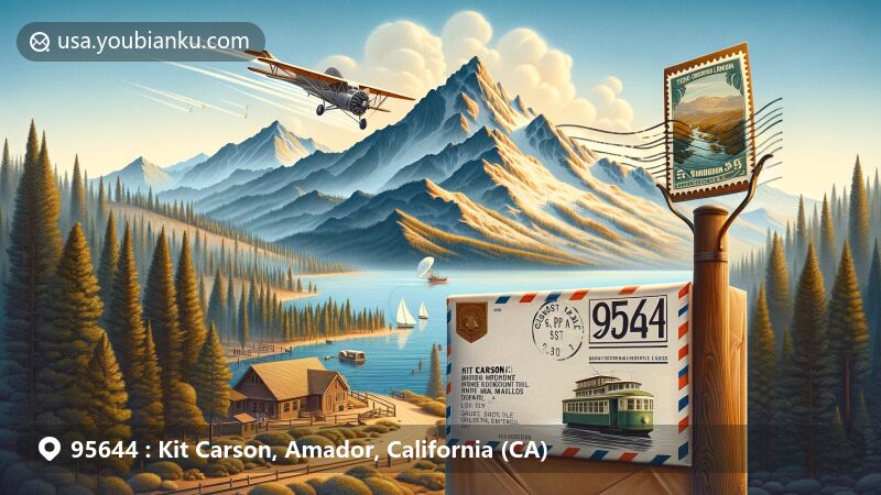 Modern illustration of Kit Carson area, Amador County, California, featuring postal theme with ZIP code 95644, showcasing Sierra Nevada mountains, Thunder Mountain, Mormon-Carson Pass Emigrant Trail, and Silver Lake.