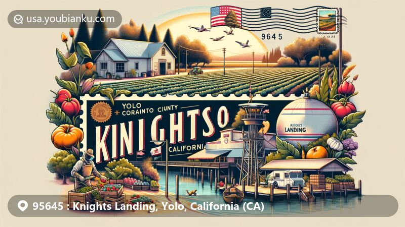 Modern illustration of Knights Landing, Yolo, California (CA), highlighting postal theme with ZIP code 95645, featuring Sacramento River and Yolo County's agritourism, including farm scenes and fresh produce.