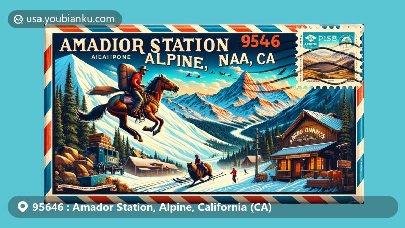 Illustration of Amador Station, Alpine County, California, embodying the Pony Express history, Sierra Nevada mountains, and Kirkwood Mountain ski culture within a vintage airmail envelope.