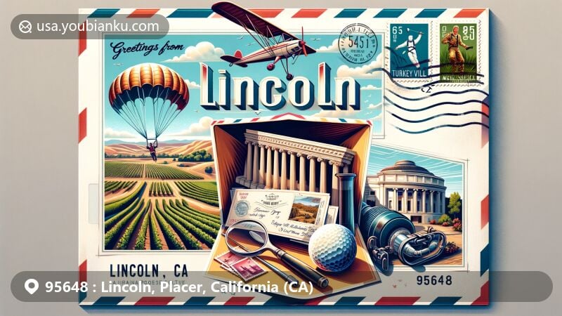 Modern illustration of Lincoln, CA 95648, featuring iconic elements like airmail envelope, Wise Villa Winery vineyard, golf club, and Skydive Sacramento gear, blended with traditional postal elements, 'Greetings from Lincoln, CA,' and historic downtown building replica.