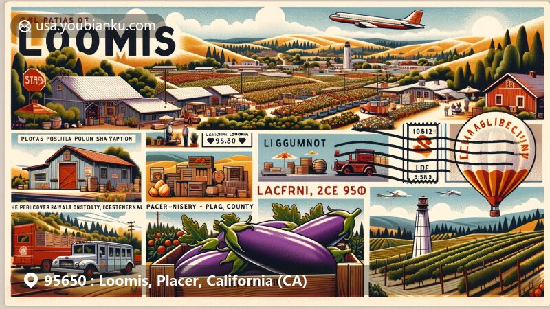 Modern illustration of Loomis, Placer County, California, representing ZIP code 95650, blending historical and modern features, including fruit-shipping station history, Eggplant Festival, natural beauty, and postal elements.