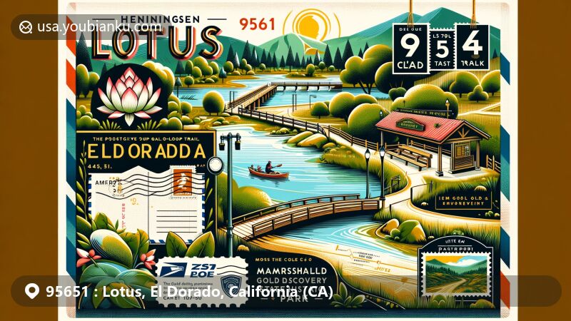 Modern illustration of Lotus, El Dorado, California, highlighting Henningsen Lotus Park with its natural beauty and leisure opportunities, including the park entrance and green spaces. Featuring Gam Saan Trail, symbolizing the rich history of the area in gold mining discovery, connecting to Marshall Gold Discovery State Historic Park. Incorporating local environmental elements such as the American River, trees, and hills, reflecting the natural scenery. Designed in a modern, vibrant postcard or airmail envelope style with stamps, postmarks, and prominent ZIP Code 95651. Suitable for web use, visually appealing and informative, showcasing Lotus's unique features and postal identity.