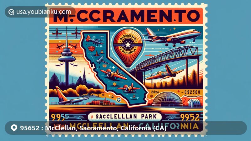 Modern illustration of McClellan Park, Sacramento, California, showcasing the area's history and landmarks, including McClellan Air Force Base, Aerospace Museum of California, and California state symbols.