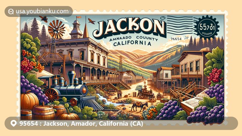 Modern illustration of Jackson, Amador County, California, blending historical landmarks and contemporary features into a vibrant postal code-themed scene with ZIP code 95654, featuring National Hotel, Kennedy Gold Mine, local wine industry, Sierra Nevada mountains, and Indian Grinding Rock State Historic Park.