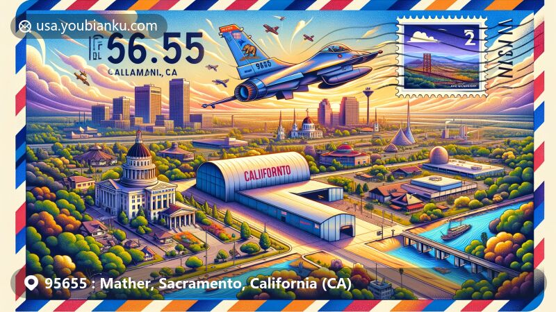Modern illustration of Mather, California, capturing the essence of the area surrounding ZIP code 95655. The artwork depicts a creative airmail envelope showcasing a blend of modern and traditional elements in Mather, including the historic Mather Air Force Base, now a cargo airport with one of California's longest runways, and picturesque Sacramento landmarks such as Old Sacramento Waterfront, Eagle Theatre, Old Sacramento State Historic Park, Leland Stanford Mansion State Historic Park, and California State Capitol. These landmarks are artistically integrated into the scenery, highlighting the fusion of natural beauty and historical significance. The envelope features a fictional airmail stamp displaying the California state flag, symbolizing the state's rich history and diverse culture. A postal cancellation mark in the top right corner clearly shows 