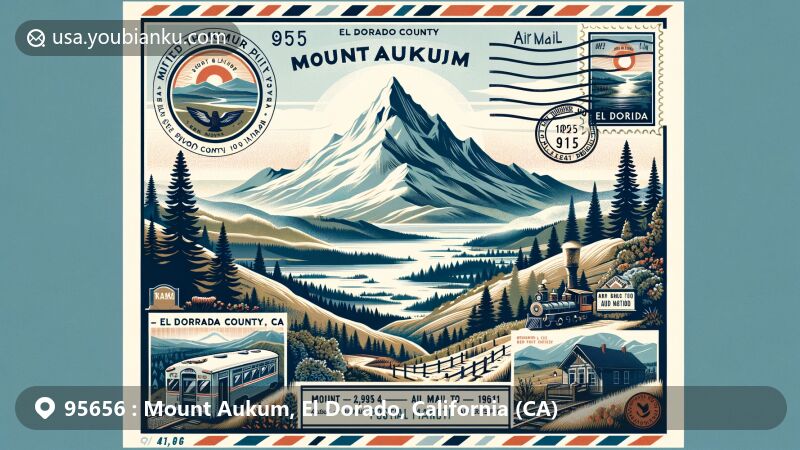 Modern illustration of Mount Aukum, California, featuring postal theme with vintage-style postage stamp and ZIP code 95656, showcasing the peak and cultural elements like local wineries in El Dorado County's Gold Country region.