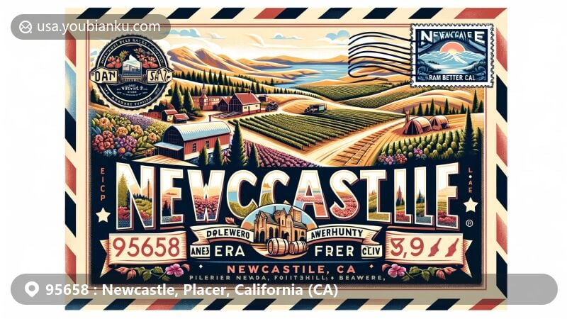 Modern illustration of Newcastle, Placer County, California, featuring vintage airmail envelope with ZIP code 95658, highlighting local vineyards, breweries, Western States Pioneer Express Trail, and Flower Farm.