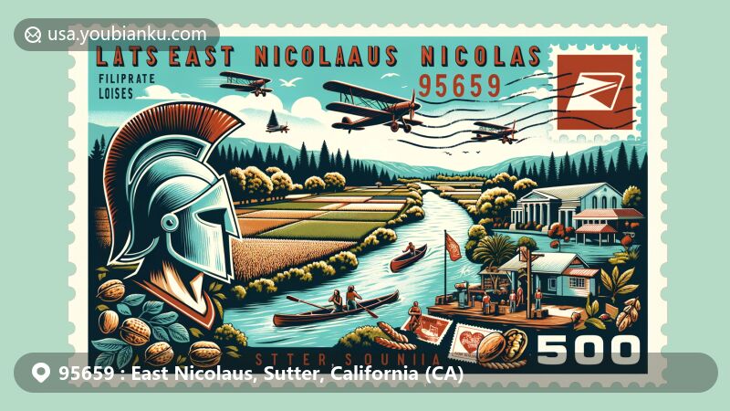 Modern illustration of East Nicolaus and Nicolaus, Sutter County, California, showcasing postal theme with ZIP code 95659, featuring agricultural landscapes, the Feather River, East Nicolaus High School, historical post office, vintage postcard aesthetic, postal elements, and California state symbols.