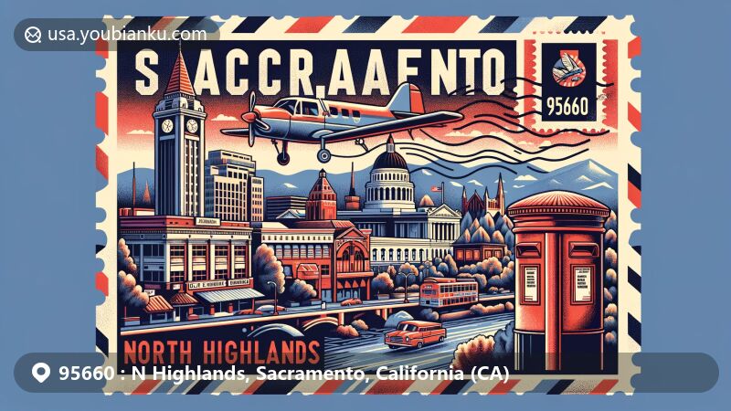 Modern illustration of North Highlands, Sacramento, California, capturing postal theme with ZIP code 95660, featuring Sacramento landmarks like Old Sacramento Waterfront, California State Capitol, and iconic postal motifs.