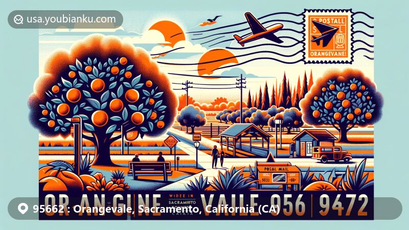 Vibrant illustration of Orangevale, Sacramento County, California, with ZIP code 95662, featuring orange groves, oak trees, and a postal theme. Shows a community rich in agriculture and natural beauty.