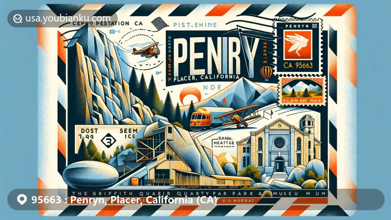 Modern illustration of Penryn, Placer, California, highlighting Griffith Quarry Park & Museum, with a creative air mail envelope featuring California state flag, Penryn postmark, and granite industry symbols.