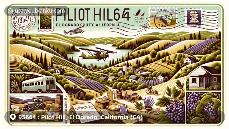 Modern illustration of Pilot Hill, El Dorado County, California, capturing community and nature essence with rolling hills, outdoor activities, American River, and Folsom Lake, featuring vintage postal elements and local landmarks.
