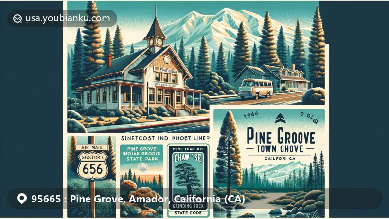 Modern illustration of Pine Grove, Amador, California, showcasing natural beauty with oak and pine trees, light snowfall, Pine Grove Town Hall, Chaw'se Indian Grinding Rock State Historic Park, Highway 88, and postal theme with ZIP code 95665.