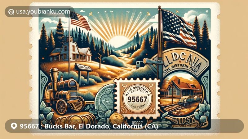 Detailed illustration of Bucks Bar, El Dorado County, California, showcasing ZIP code 95667, highlighting Marshall Gold Discovery State Historic Park and vintage postal elements.