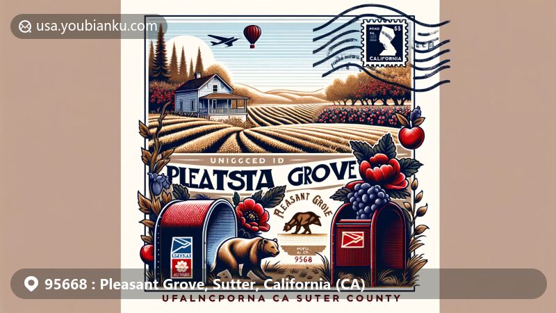 Modern illustration of Pleasant Grove, Sutter County, California, featuring rural charm and postal theme with ZIP code 95668, showcasing local agriculture and vintage postcard design.