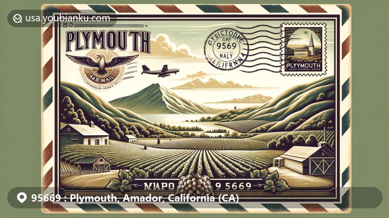 Modern illustration of Plymouth, Amador County, California, with vintage air mail envelope design featuring Shenandoah Valley vineyards and rolling hills, Plymouth Trading Post, Sierra Nevada Mountain Range, and wine culture elements.