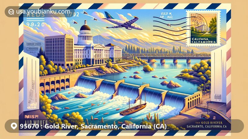 Modern illustration of Gold River area in Sacramento, California, featuring American River, Nimbus Dam and Fish Hatchery, and California State Capitol, presenting a blend of nature and history.