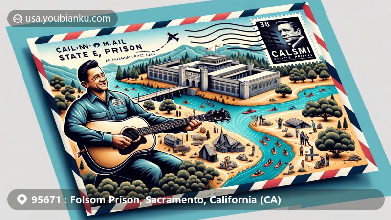 Modern illustration of Folsom State Prison and Sacramento, California area, designed as air mail envelope with postal elements, showcasing historic prison, Johnny Cash tribute, local flora and fauna, outdoor activities, and California state symbols.