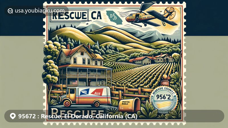 Modern illustration of Rescue, El Dorado County, California, with postal elements for ZIP code 95672, showcasing Pleasant Grove House, vineyards, and ranches, incorporating California state flag and El Dorado County outline.