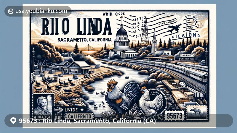Modern illustration of Rio Linda, Sacramento County, California, showcasing poultry farming history and natural landscapes, featuring Sacramento County and California symbols.