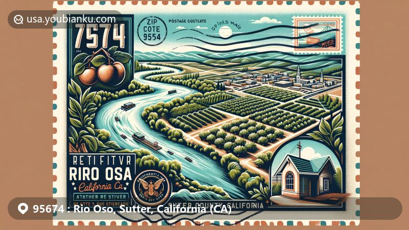 Modern illustration of Rio Oso, Sutter County, California, featuring confluence of Bear River and Feather River, Rio Oso Post Office, state symbols, and vintage postal theme with ZIP code 95674.