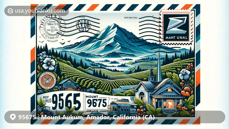 Modern illustration of Mount Aukum, Amador County, California, showcasing postal theme with ZIP code 95675, highlighting the picturesque landscape, elevation, and local wine culture.