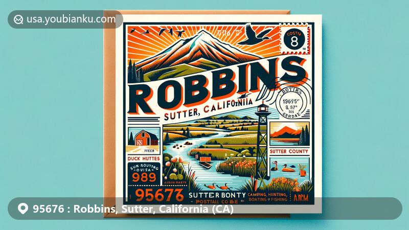 Modern illustration of Robbins, Sutter County, California, reflecting ZIP code 95676 in a creative postcard style with geographic coordinates (38°52′01″N 121°42′26″W), featuring Sutter Buttes, World's Smallest Mountain Range, and local activities like duck hunting, camping, hiking, boating, and fishing.