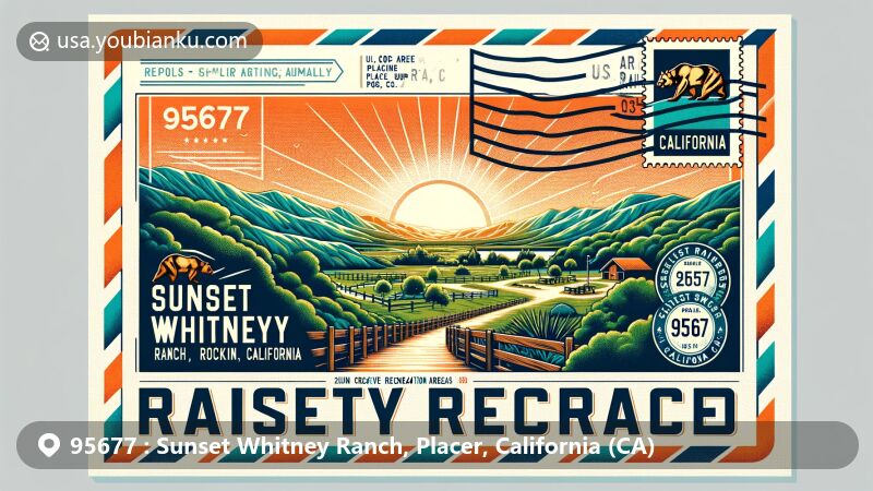 Modern illustration of Sunset Whitney Ranch, Placer County, California, featuring natural beauty of Sunset Whitney Recreation Area under a serene sky, surrounded by air mail envelope with California bear stamp and ZIP code 95677.