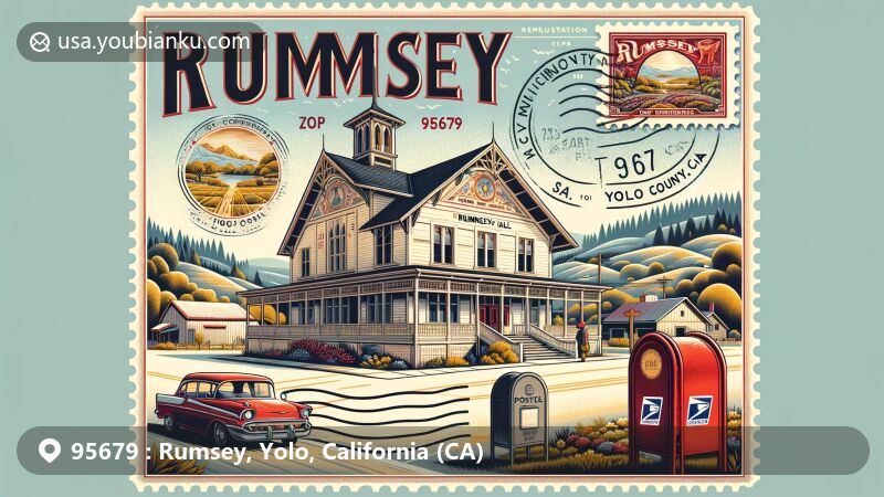 Modern illustration of Rumsey Hall, Yolo County, California, featuring scenic Capay Valley, postal elements with ZIP code 95679, and historical significance as a community meeting hall on Highway 16 west of Woodland.