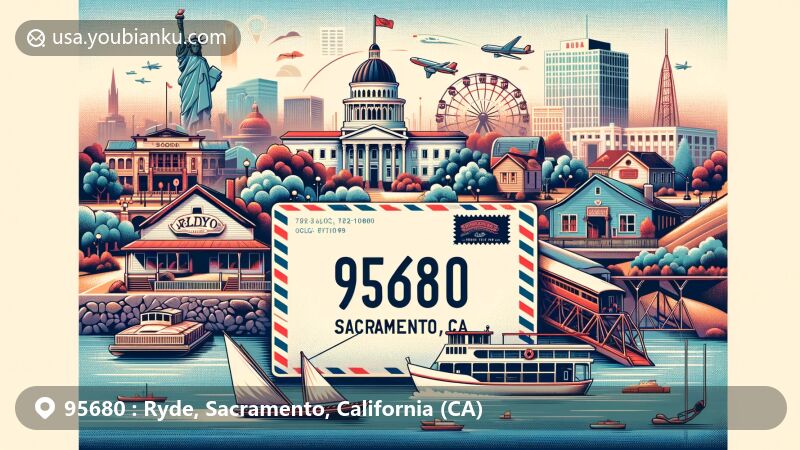 Contemporary illustration of Ryde, Sacramento, California, featuring ZIP code 95680, showcasing airmail envelope surrounded by landmarks like Sacramento River, Ryde Hotel, Old Sacramento Waterfront, and California State Capitol.