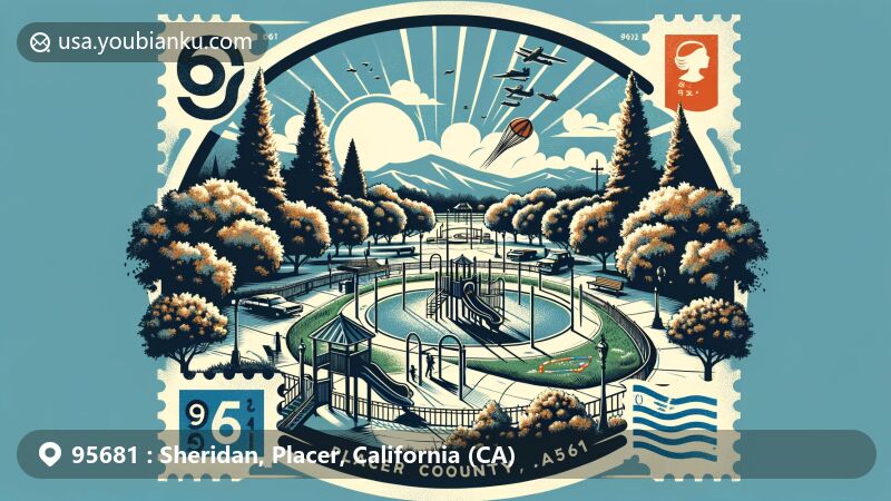 Modern illustration of Sheridan, Placer County, California, featuring Sheridan Park with its circular playground, Placer County outline, and postal theme with ZIP code 95681.