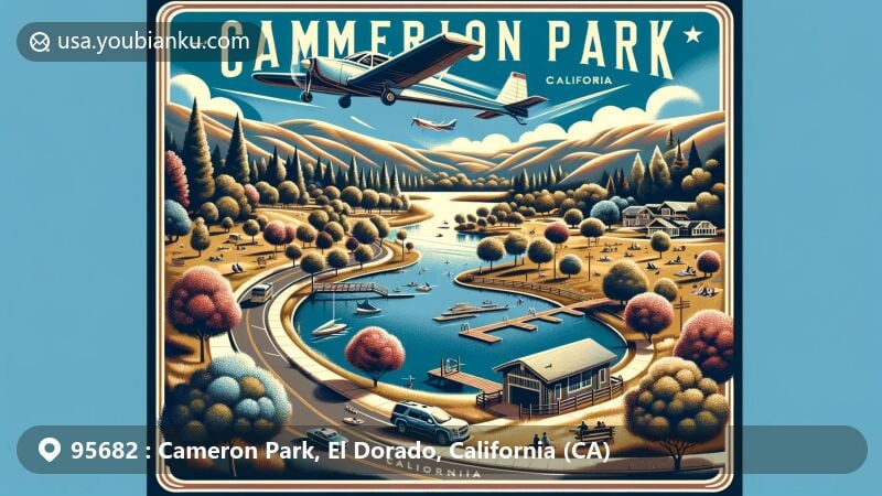 Modern illustration of Cameron Park, California, highlighting geographical and cultural elements, including lush hills, Cameron Park Lake, redbud and manzanita bushes, Cameron Airpark Estates, vintage airplane, and Cielo Estate Winery.