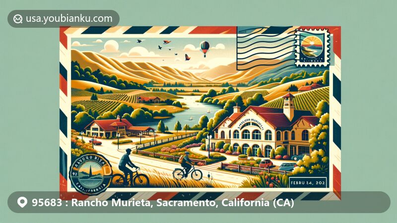 Modern illustration of Rancho Murieta, Sacramento County, California, showcasing rural lifestyle with Murieta Inn & Spa, Sierra Nevadas, and outdoor activities near Folsom Lake.
