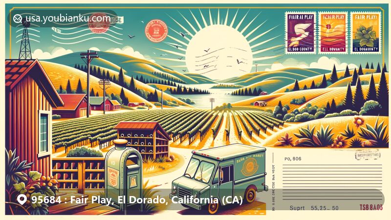 Modern illustration of Fair Play, El Dorado, California, depicting the picturesque wine region with vineyards and hills under the California sun, capturing the essence of high-quality wine production.