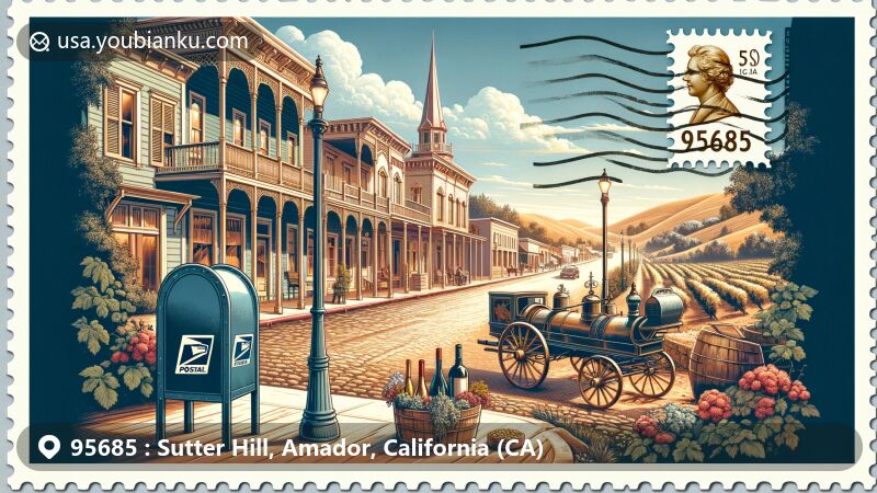 Modern illustration of Sutter Creek, Amador, California, featuring historic main street with 19th century balcony buildings reflecting gold rush history, grapevine or wine bottle symbolizing local wine culture, and vintage postal elements like old mailbox or mail carriage, emphasizing '95685' ZIP code.