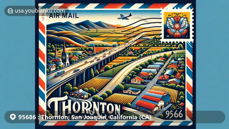 Modern illustration of Thornton, California, San Joaquin County, integrating postal theme with ZIP code 95686, featuring Interstate 5 and local Portuguese festival scene.