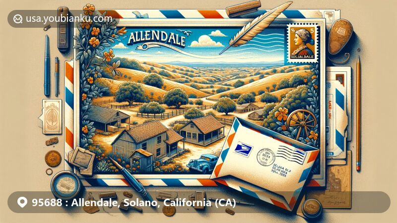 Modern illustration of Allendale, California, showcasing postal theme with ZIP code 95688, featuring rural landscape, vintage postal elements, and the iconic Vaca-Peña Adobe.