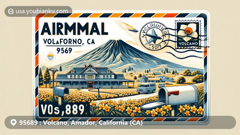 Modern illustration of Volcano, California, featuring airmail envelope with ZIP Code 95689, showcasing historic hotel and McLaughlin’s Daffodil Hill in full bloom.