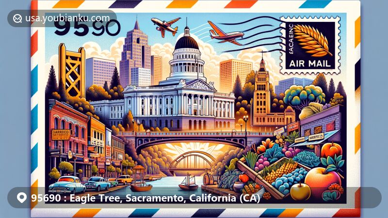 Modern illustration of Eagle Tree area, Sacramento, California, featuring postal theme with ZIP code 95690, showcasing California State Capitol, Tower Bridge, Old Sacramento State Historic Park, and farm-to-fork movement.