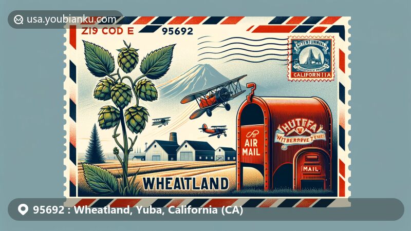 Modern illustration of Wheatland, Yuba County, California, highlighting postal theme with ZIP code 95692, featuring historical Wheatland Hop Riot site, hop plants, Sutter Buttes silhouette, California state flag, red mailbox, and Bicentennial Living Witness Tree stamp.