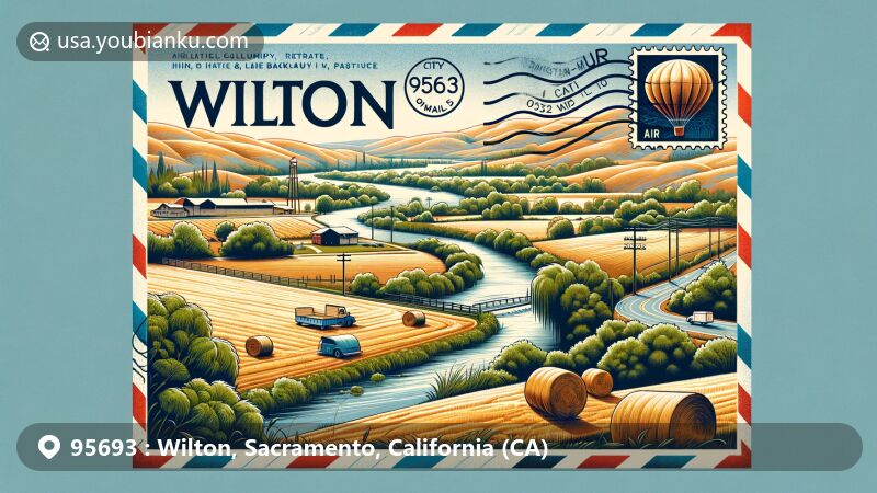 Modern illustration of Wilton, California, showcasing agricultural landscapes and the Cosumnes River, designed as an air mail envelope with ZIP code 95693 and postal symbols.