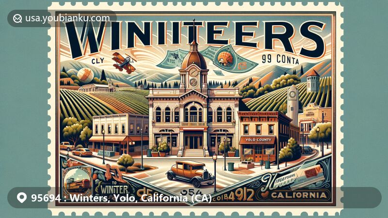Modern illustration of Winters, Yolo County, California, representing postal theme with ZIP code 95694, featuring historical downtown area with Seaman's Opera House and Winters Business Block, showcasing agricultural landscapes like vineyards and orchards symbolizing farming heritage, highlighting natural beauty with backdrop of Vaca Mountains, incorporating postal symbols such as vintage stamps depicting Putah Creek or local landmarks, and including postmark with current date, capturing the essence of Winters' unique character and postal heritage.