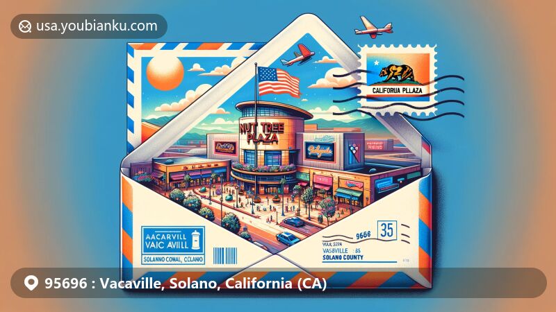 Modern illustration of Nut Tree Plaza, Vacaville, California, featuring iconic signage and bustling atmosphere, with California state flag and Solano County outline in the background, and postal elements like stamp, postmark, and mailbox.