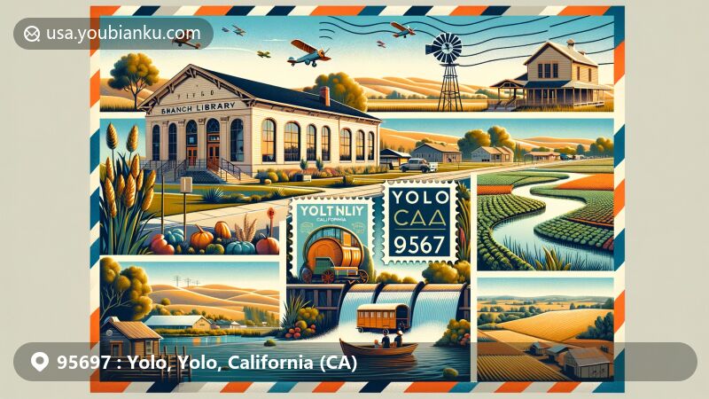 Modern illustration of Yolo, California, with postal theme integrating ZIP code 95697, showcasing Yolo Branch Library amid agricultural landscapes and waterways.