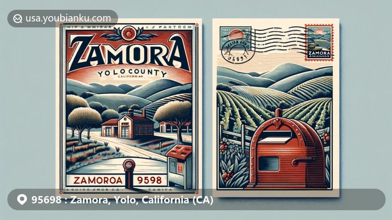 Modern illustration of Zamora, Yolo County, California, featuring Matchbook Winery, olive trees, and vineyards, capturing the agricultural richness and natural beauty of the region.