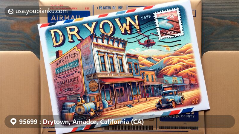Modern illustration of Drytown, Amador County, California, representing ZIP code 95699 as an airmail envelope, featuring The Drytown Club and gold mining activities, evoking the town's Gold Rush heritage.