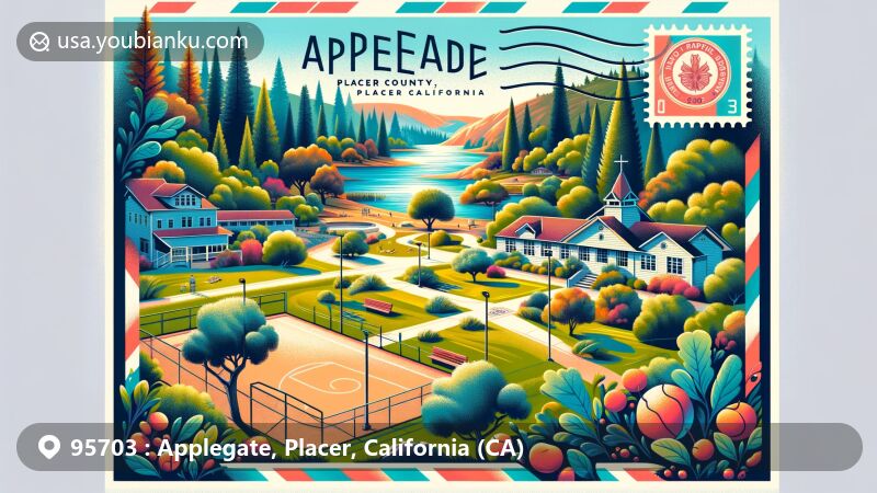 Modern illustration of Applegate, Placer County, California, showcasing natural beauty and community spirit with American River, Applegate Jesuit Retreat Center, and Applegate Park, all within a vibrant postcard theme with ZIP code 95703.