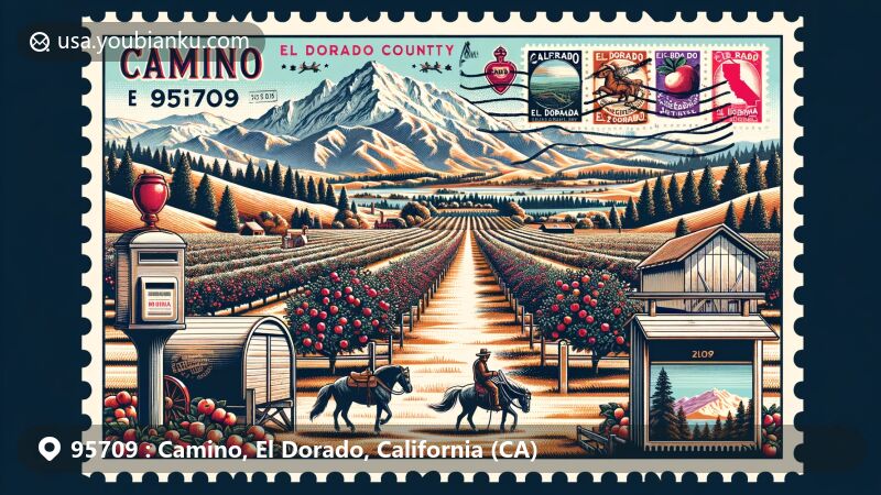 Modern illustration of the Camino area, El Dorado County, California, showcasing the charm of apple orchards in autumn, with Sierra Nevada mountains in the background and vintage postcard elements.