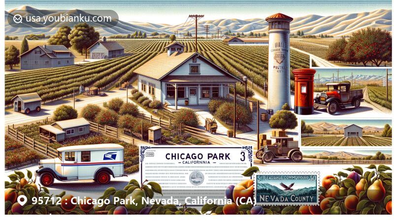 Modern illustration of Chicago Park, California, in Nevada County, showcasing agricultural heritage with fruits like pears, plums, peaches, and apples, featuring vintage post office, red mailbox, and delivery truck with ZIP code 95712.